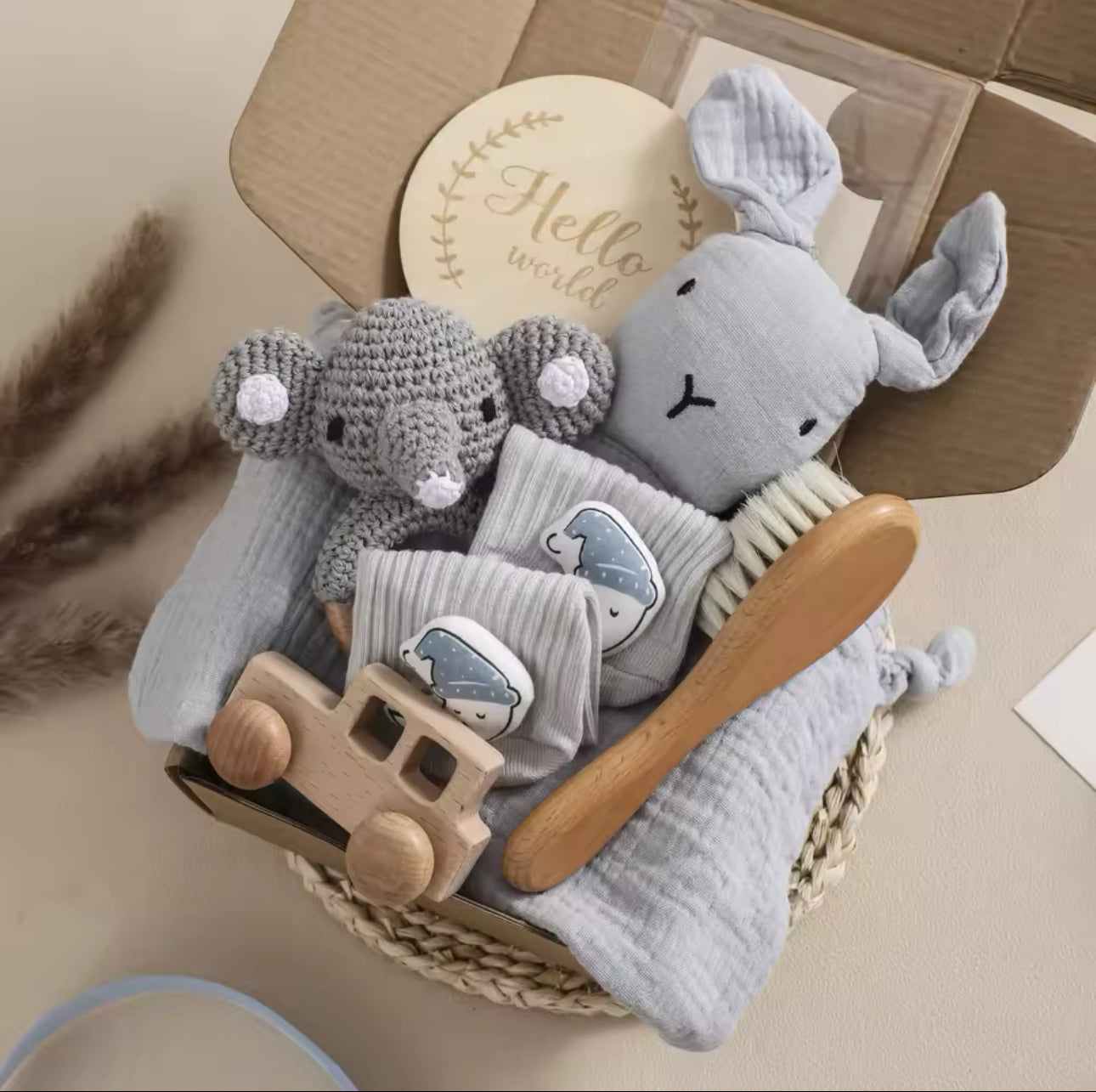 Juego de regalo recién nacido conejo Gris